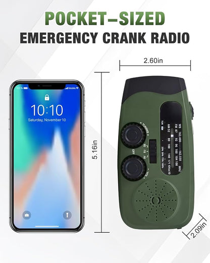 Hand Crank Radio with AM/FM/NOAA Weather Bands,for Emergencies, Camping | 3 LED Flashlights,SOS Function,Solar Powered,Hand Cranked, 2000mAh/7400mWh Charger,for Power Outage - Olive Green