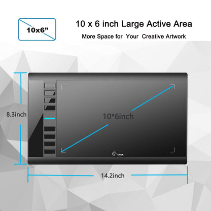 Drawing Tablet, UGEE M708 10 x 6 inch Large Drawing Tablet with 8 Hot Keys, Passive Stylus of 16384 Levels Pressure, Digital Graphics Art Tablet for PC Paint, Design, Art Creation Sketch