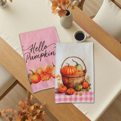 Hluvibbi Hello Pumpkin Fall Kitchen Towels Decor Set of 2,Pink Plaid Autumn Dish Towels 17"x27",Farmhouse Indoor Thanksgiving Halloween Seasonal Home Decorations Cute Hand Towels