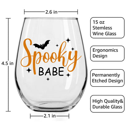 DYJYBMY Spooky Babe Halloween Stemless Wine Glass With Gifts Box, Funny Thanksgiving Halloween Gifts For Confidante Family Bestie Coworkers Men Women Friends, Clear Stemless Wine Tumbler For Couple