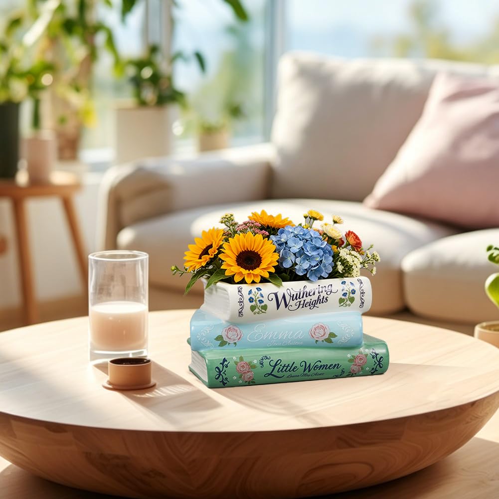 GLASSWINDS Book Planter, Unique Ceramic Book Vase for Flowers, Book-Shaped Decorative Planters, Cute Bookshelf Decor, Ceramic Planter Pot with Drainage Hole, Gifts for Books Lovers, Books Storage Box
