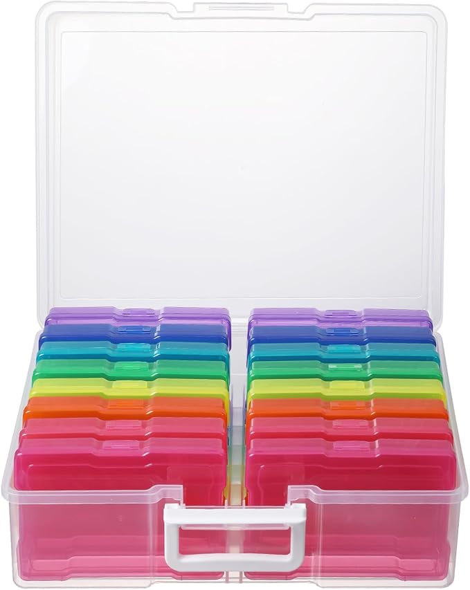 novelinks Transparent 4" x 6" Photo Organizers and Photo Storage Box with Handle, 16 Inner Photo Cases, Portable Picture Organizers & Photo Storage Containers (Multi-Colored)