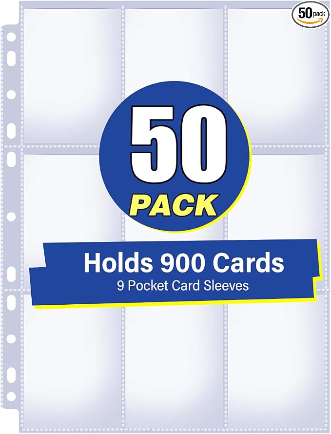 50 Pack 9 Pocket Card Sleeves Binder Sheets, Holds 900 Cards, Trading Card Sleeves for 3 Ring Binder, Protective Pages Sheets for Baseball, Football, Business, Game Cards