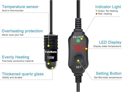 YukiHalu USB Powered Aquarium Heater, 10W Adjustable Mini Fish Tank Heater with External Temperature Controller, LED Display, Used for 0.5-1 Gallon Tank (10W USB)