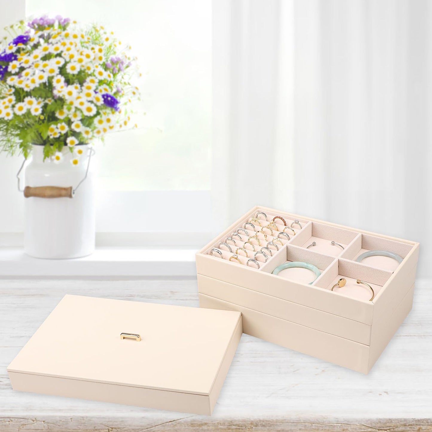 Voova Stackable Jewelry Organizer Tray with Lid, PU Leather Jewelry Storage Holder for Drawer Inserts, Jewellery Display Box Case for Earring Necklace Ring Watch Bracelet (Set of 4, Apricot)