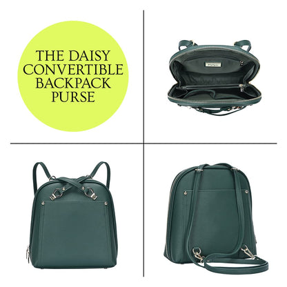 MMS Brands Miztique Daisy Convertible Backpack Purse for Women | Vegan Leather Shoulder Strap Bag or Convertible Backpack | (Emerald)