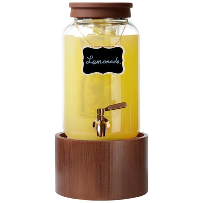 1 Gallon Glass Drink Dispenser for Parties, Beverage Dispenser with Wooden Stand, Silicone Lid and Stainless Steel Spigot, Ideal for Lemonade, Juice, Sun Tea, and Party Drinks