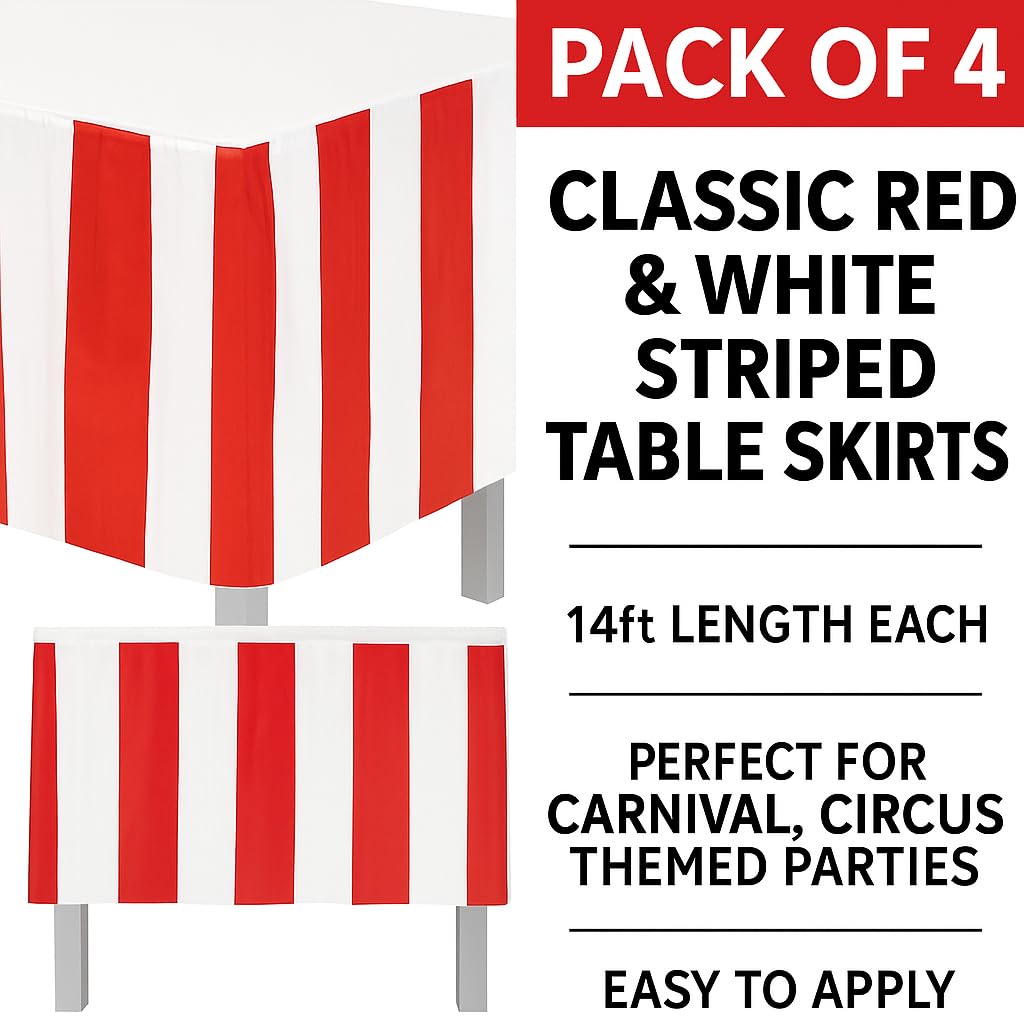 Oojami Pack of 4 Classic Red & White Striped Table Skirts - Perfect for Carnival, Circus Themed Parties, and More - Easy to Apply, 14ft Length Each