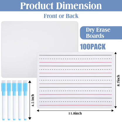 ReliThick 100 Pcs Lined Dry Erase Board with Markers 9 x 12 Double Sided Whiteboards Dry Erase Lapboards with Lines Ruled Writing Board Handwriting Practice