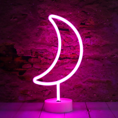 Vicila LED Neon Moon Lights, Moon Shape Neon Signs Crescent Night Lights Battery Operated Desk Table Lamp for Bedroom, Bar, Wall Decor-Holder Base(Pink)