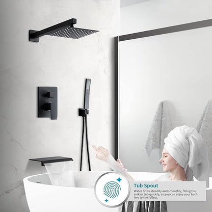 Matte Black Faucet Set Shower Head with Tub Spout and Handle System Square Wall Mount for Bathroom