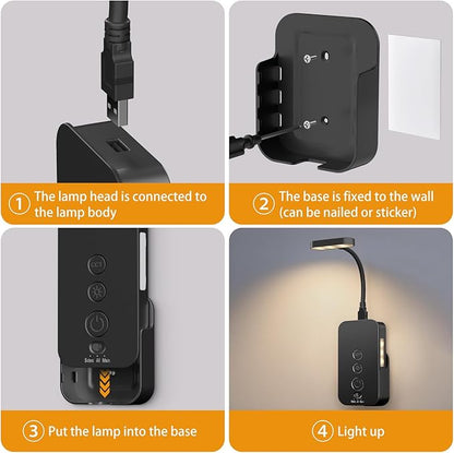 Ellasay Wall Mounted Reading Light: Dimmable LED Book Lights with Timer & Memory - Adjustable Gooseneck USB Powered - Easy Install for Kids Bedroom/Dorm Room/RV 1 Pack (Black)