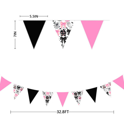 31Ft Pink Black Halloween Party Decorations Spider Bow Pumpkin Skull Bats Fabric Pennant Banner Triangle Flag Garland Streamer for Halloween Trick or Treat Birthday Baby Shower Outdoor Party Supplies
