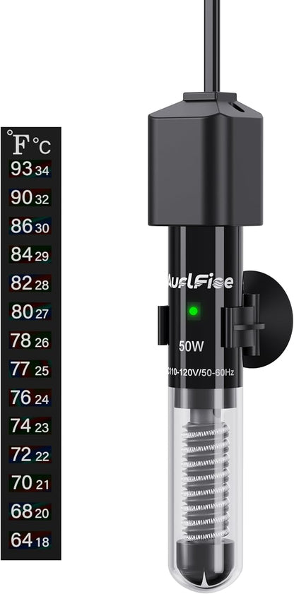 50W Aquarium Heater, Small Submersible Fish Tank Heater with Mini Aquarium Thermometer, for Betta Turtle Saltwater Freshwater 5-10 Gallon Tanks