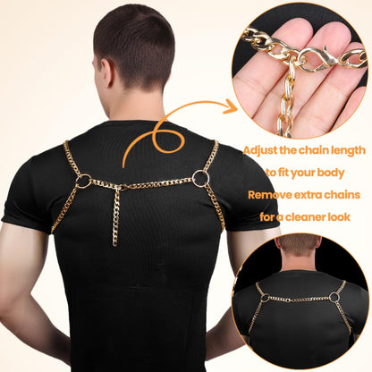 RTeczSolve Men's Chest Harness Chain Costume, Body Harness Belt for Men, Male Chest Harness Fashion Uniform for Cosplay Party (Gold)