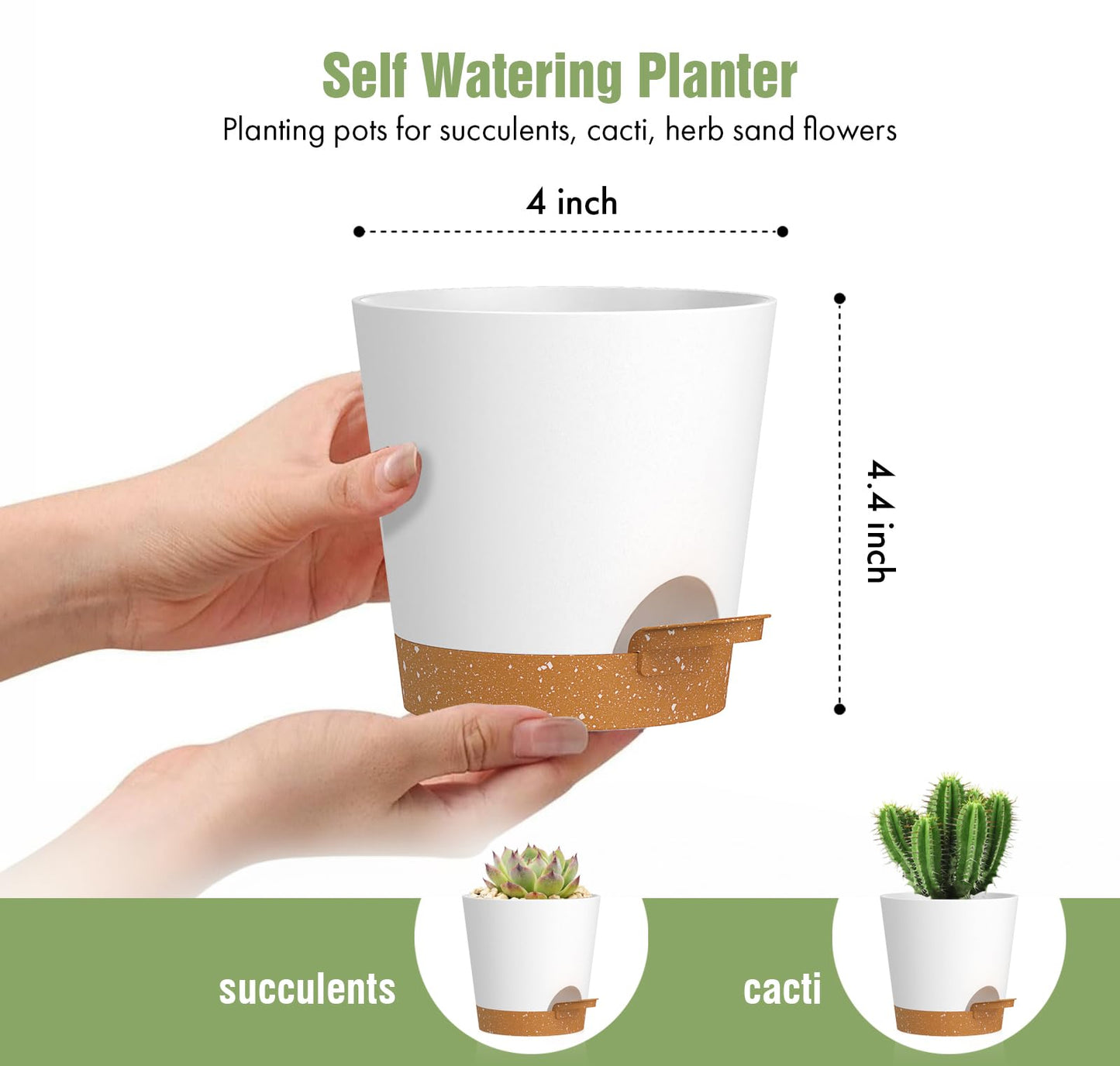WSMKSZ 4 inch Self Watering Pots for Indoor Outdoor Plants, 6 Pack Plastic Flower Planters with Drainage Holes and Removable Saucers, Plant Pots with Wicking Rope, Modern Decor, White Brown
