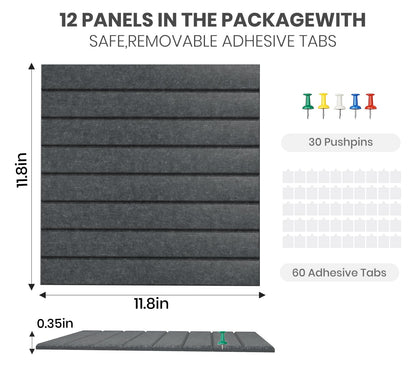 Large Cork Board Alternative 48” X 36” Felt Bulletin Board Tiles, with 30 Pushpins, 60 Adhesive Tabs,12-Pack Slat Wall Paneling, Cork Boards for Office Push Pin Board Felt Board - Dark Gray