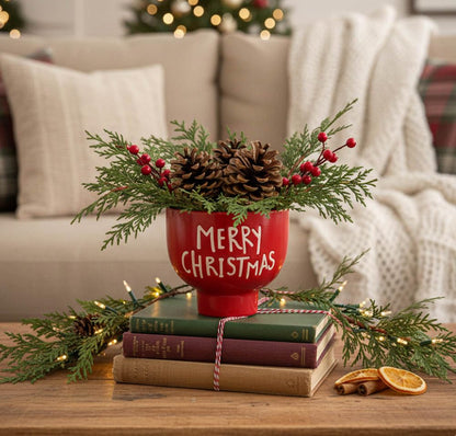 Napco 53032 Merry Christmas Red, White 5.5 x 5.25 Inches Ceramic Footed Indoor/Outdoor Planter Pot