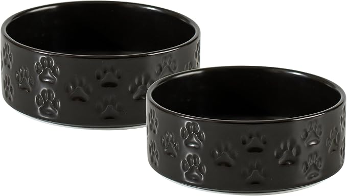 Ceramic Dog Bowl Set, Double Bowls, Non-Slip, 6 inch, Black | Microwave and dishwasher safe ceramic bowls, 3.5 cup capacity for food and water, easy to clean, for small to medium dogs