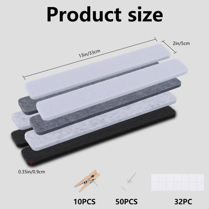 Vuzvuv 8 pcs Bulletin Board Bar Strips No Adhesive Backing with Glue Points ，Self Adhesive Cork Board for Wall，Felt Pin Board for School，Office Decor(Black White Grey)