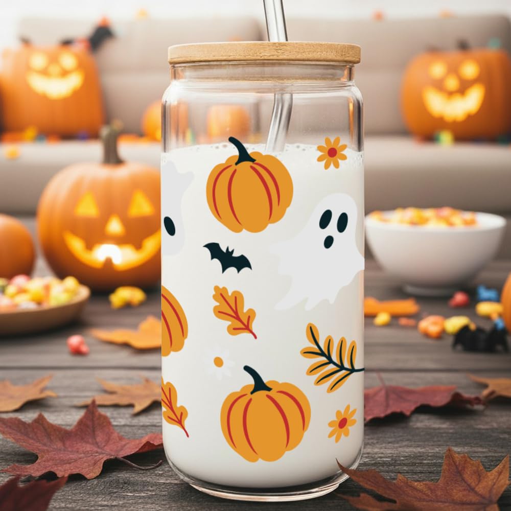 Halloween Ghost Pumpkin Glass Cup with Straws and Lids Gifts for Women,Friends,Happy Halloween Coffee Mug Trick Or Treat Iced Coffee Cup Glass Tumbler 16oz,Spooky Gifts for Boo Basket Stuffers