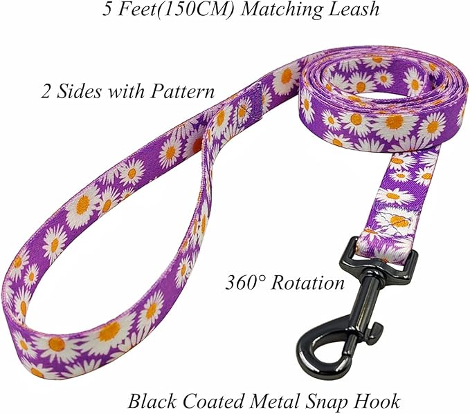 Dog Collar and Leash Set, Cute Daisy Pattern, Polyester Material, 5ft Leash, for Large Dogs.(Large,Purple Daisy)
