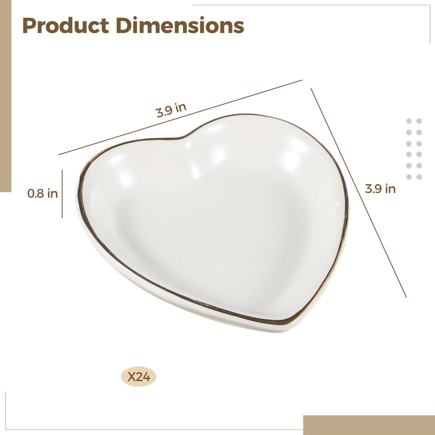 Toyosport 24 PCS Heart Shaped Trinket Dishes, Ceramic Jewelry Trays for Earrings, Necklaces, Bracelets, Engagement Wedding Ring Dish, Elegant Golden Edge