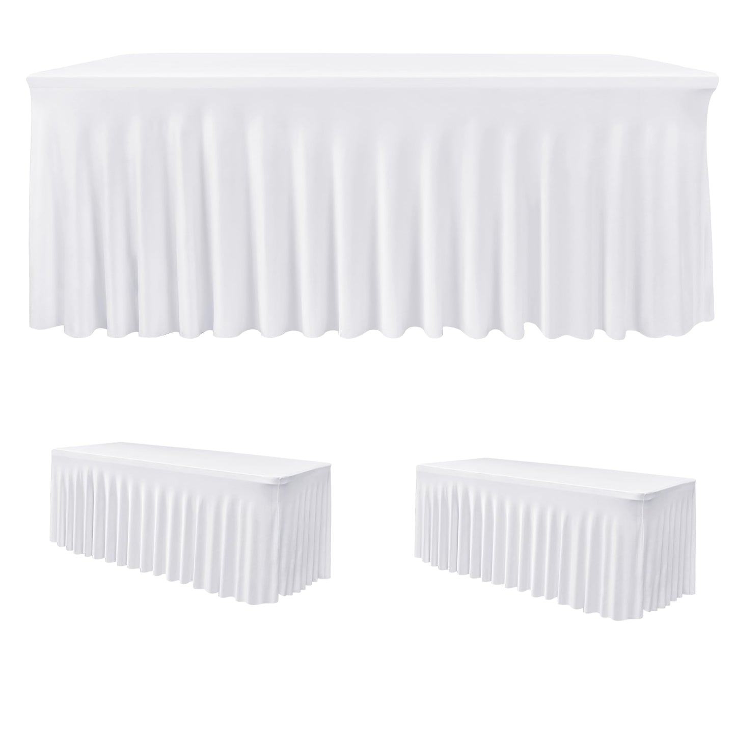 HolidayIdeas 2 Pack Spandex Table Skirt for 6 Ft Rectangle Tables, White Fitted Stretch Tablecloth 30 x 72 Inch, Wrinkle Resistant Ruffle Design for Wedding Banquets, Baby Showers, Parties