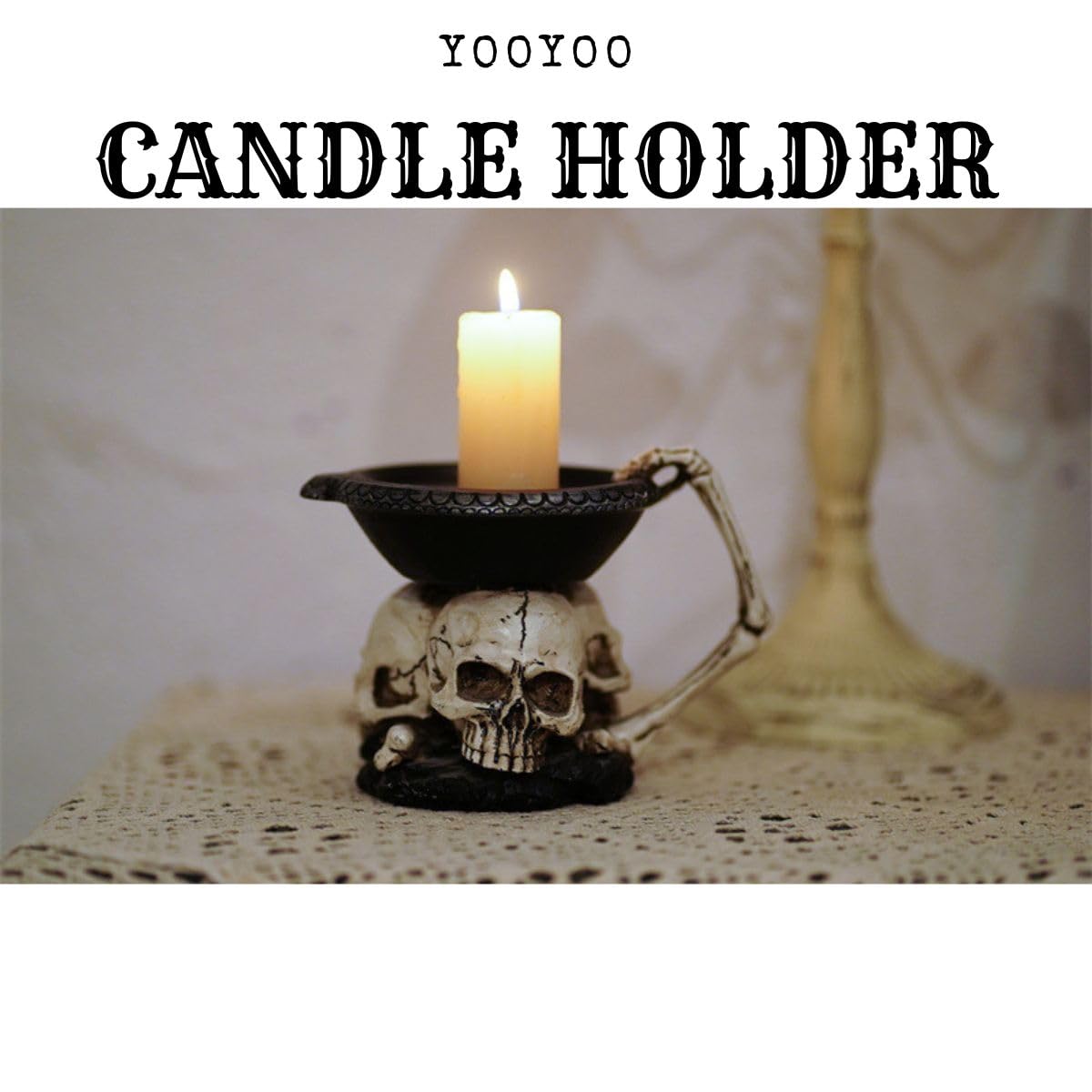 Halloween Skull Candle Holder, Skeleton Creepy Candelabra for Candlesticks Spooky Gothic Candlestick Holders Single Wick Candle Pedestal Retro Human Skull Head Tea Light Holders Skull Votive Holder