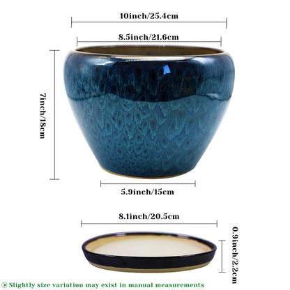 MAGP 10 Inch Large Plant Pots with Drainage Hole and Saucer, Large Ceramic Decorative Flower Pot for Plants Indoor Outdoor Planter, Round Blue