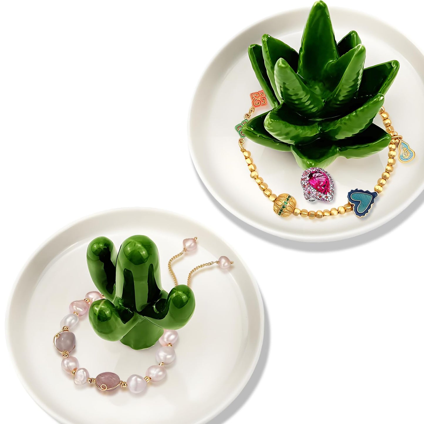 Seuqhck Ceramic Ring Holder Dish Set of 2 - Cactus & Aloe Jewelry Organizer Tray for Rings, Earrings, Necklaces, Decorative Succulent Trinket Dish for Home Decor, Wedding, Birthday Gifts for Women