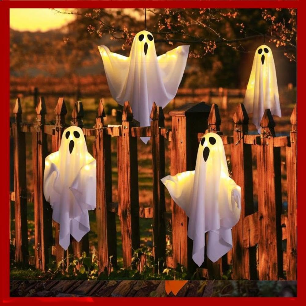 4Packs Halloween Ghost Decorations Halloween Hanging Ghosts with Light Strings String Lights Battery Operated Halloween Decor Spooky Ghost Ornaments for Home Tree Garden Yard (White)