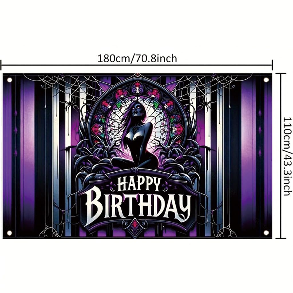 Tomhong Gothic Birthday Banner 71x43 Inch Purple Spider Web Stained Glass Halloween Theme for Gothic Party Decor Wall Hanging
