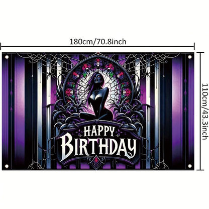 Tomhong Gothic Birthday Banner 71x43 Inch Purple Spider Web Stained Glass Halloween Theme for Gothic Party Decor Wall Hanging