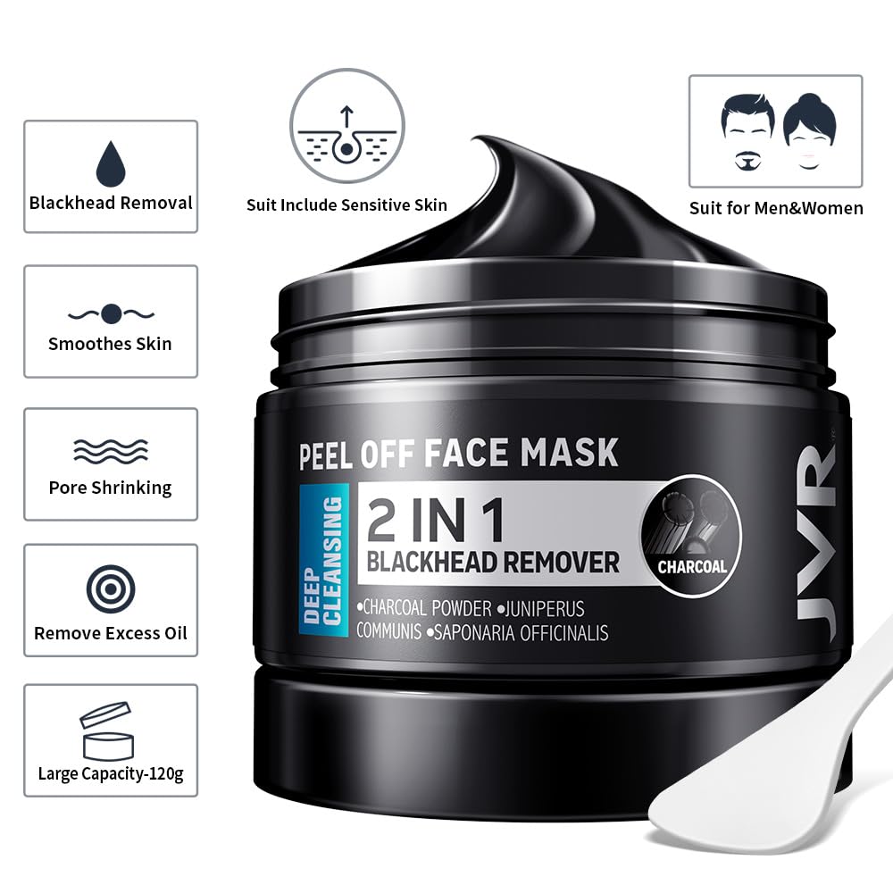 JVR Peel Off Face Mask, Blackhead Remover Mask for Men, Charcoal Peel Off Black Mask, Facial Mask Purifying and Deep Cleansing for All Skin Types 4.23 OZ