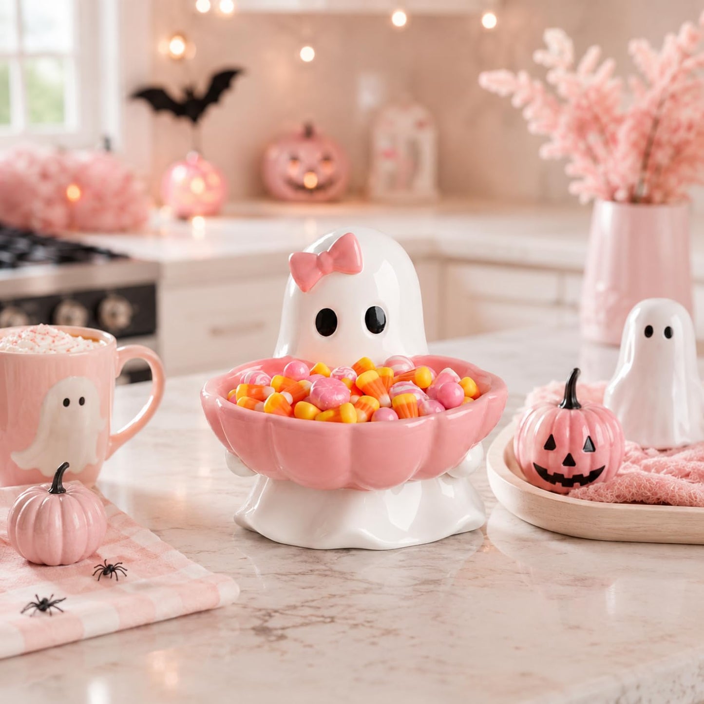 Reallnaive Halloween Candy Bowl Pink Bow Ghost Shaped Ceramic Candy Dish Ghost Serving Tray Cute Halloween Tabletop Decoration Cookie Jar for Party Supply