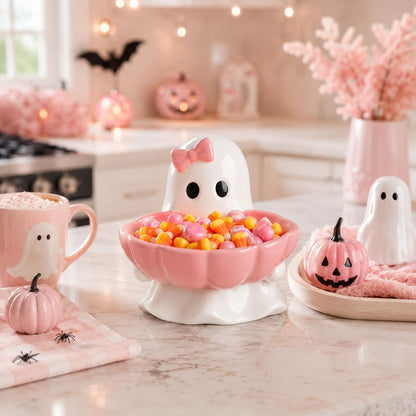 Reallnaive Halloween Candy Bowl Pink Bow Ghost Shaped Ceramic Candy Dish Ghost Serving Tray Cute Halloween Tabletop Decoration Cookie Jar for Party Supply
