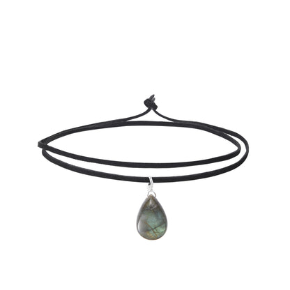RareLove Black Leather Layering Choker Necklace for Women 925 Sterling Silver Teardrop Labradorite Stone Pendant Healing Crystal Necklace Gothic Boho Anxiety Jewelry