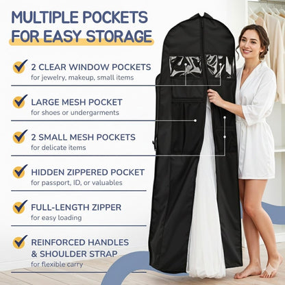 Wedding Dress Garment Bag 72" – Waterproof Trifold Travel Garment Bag for Bridal Gown with Shoulder Strap, Suitcase Sleeve & Accessory Pockets – Fits Full Skirts, Oxford Fabric, Carry Handle
