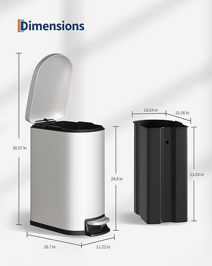 Garvee 13 gal / 50 L Metal Kitchen Trash Can with Lid, Slim Rustproof Garbage Can, Large Step-on Trash Bin with Inner Bucket, Rear Handle, Soft Close Lid, White