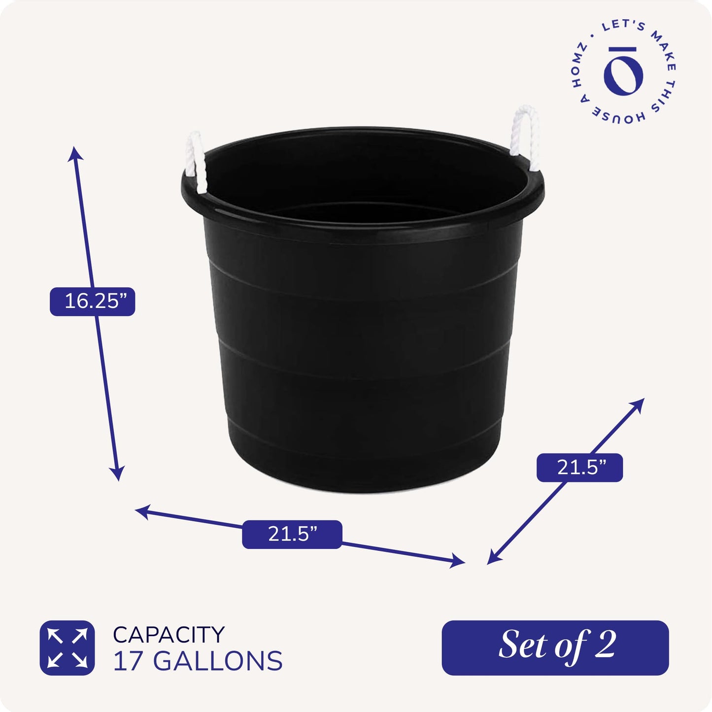 HOMZ 2-Pack Utility Tub, Large Plastic Storage Bucket with Rope Handles, 17 Gallon, Black - Portable Indoor and Outdoor Buckets for Kitchen, Laundry, Garden, Bathroom, and Garage Organization