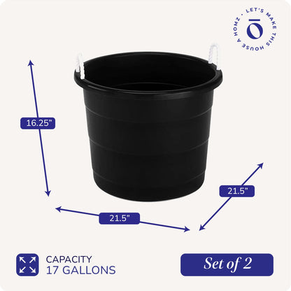 HOMZ 2-Pack Utility Tub, Large Plastic Storage Bucket with Rope Handles, 17 Gallon, Black - Portable Indoor and Outdoor Buckets for Kitchen, Laundry, Garden, Bathroom, and Garage Organization