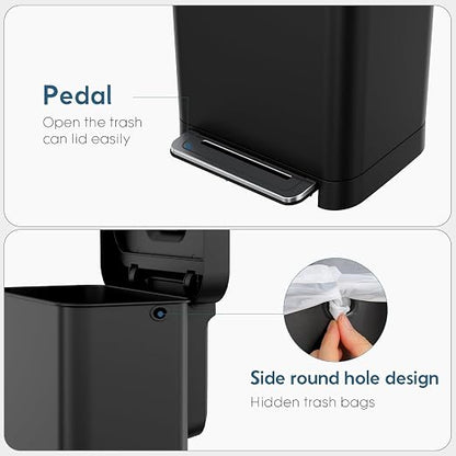 Arlopu 50L/13.2Gal Stainless Steel Trash Can W/15 Inner Bags & Rear Trash Bag Storage Compartment, Kitchen Step Trash Can with Lid & Built-in Deodorizer Box, Garbage Bin W/Foot Pedal (Black)