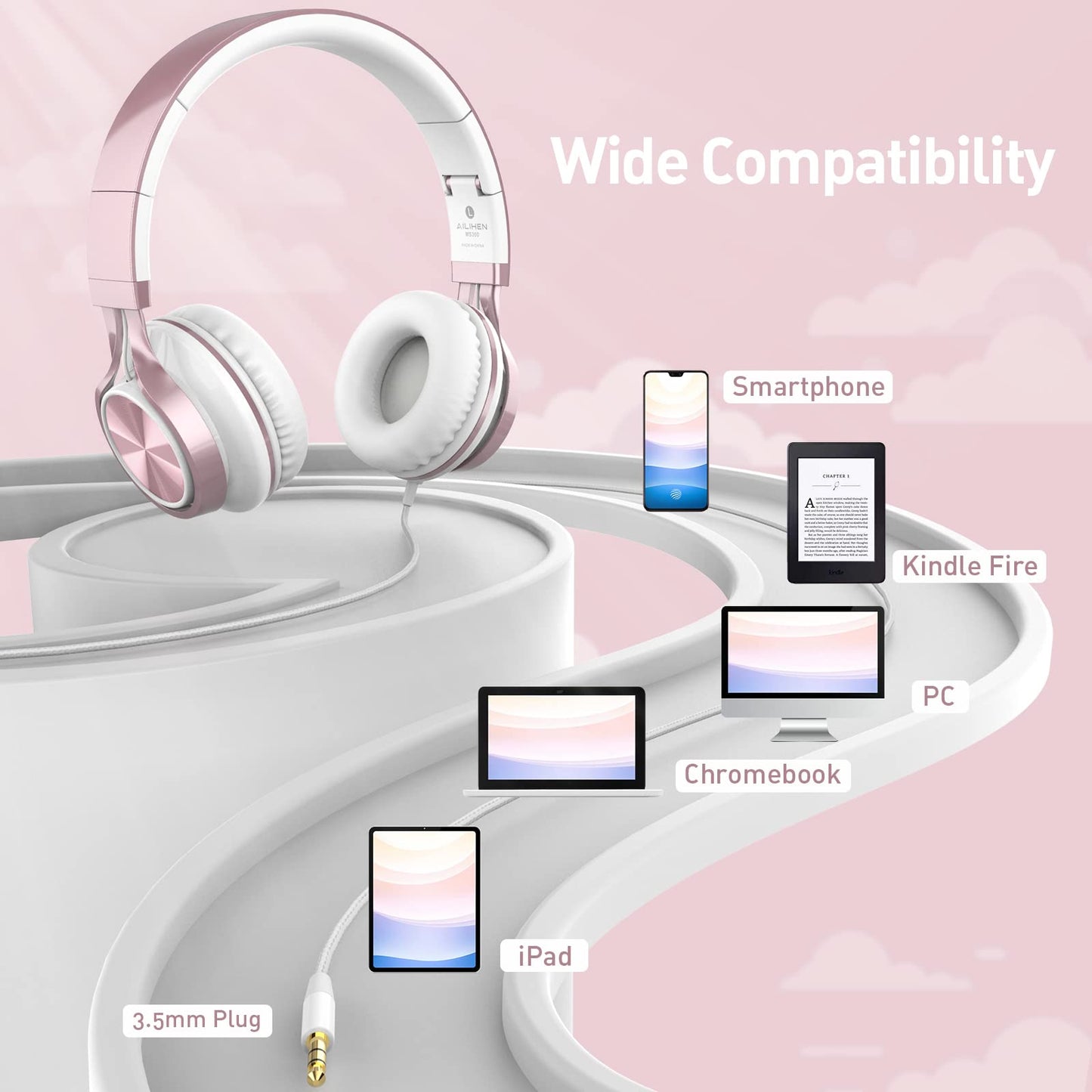 AILIHEN Wired Headphones with Mic, Girls Headphones for School, On-Ear Headsets for Chromebook Laptop Computer, Foldable Adjustable Teen Kids, Plug in Corded Headsets with 3.5mm Jack (Rose Gold)