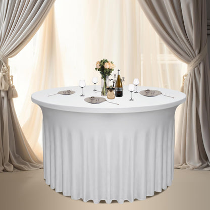 Yoquare 4 Pack White Round Table Skirt, 48 Inch Diameter x 30 Inch Height, Stretch Polyester Spandex Tablecloth for 4ft Round Tables, Stain & Wrinkle Resistant for Wedding, Party, Banquet Decor
