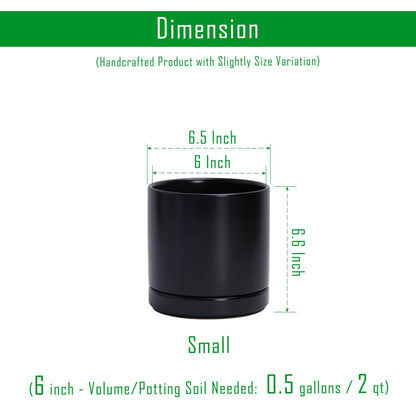 D'vine Dev Set of 2 Plants Pots, 6.5 Inch Ceramic Planter Pot for Plants with Drainage Hole and Saucer, Black, 94-V-C-2