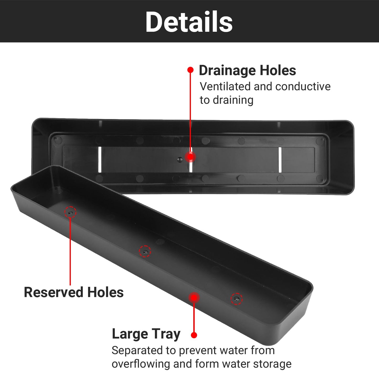 GREANER Window Boxes Planters with 100PCS 6inch White Plant Label, 3PCS 16x3.8 Inch Black Rectangle Planters Box with Drainage Holes and Trays, Herb Succulents Flowers Plastic Pot for Windowsill, Gard