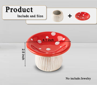 dgudgu Mushroom Ring Holder Jewelry Tray Red Dish Ceramic Trinket Storage Jar Mini Engagement Ring Holder