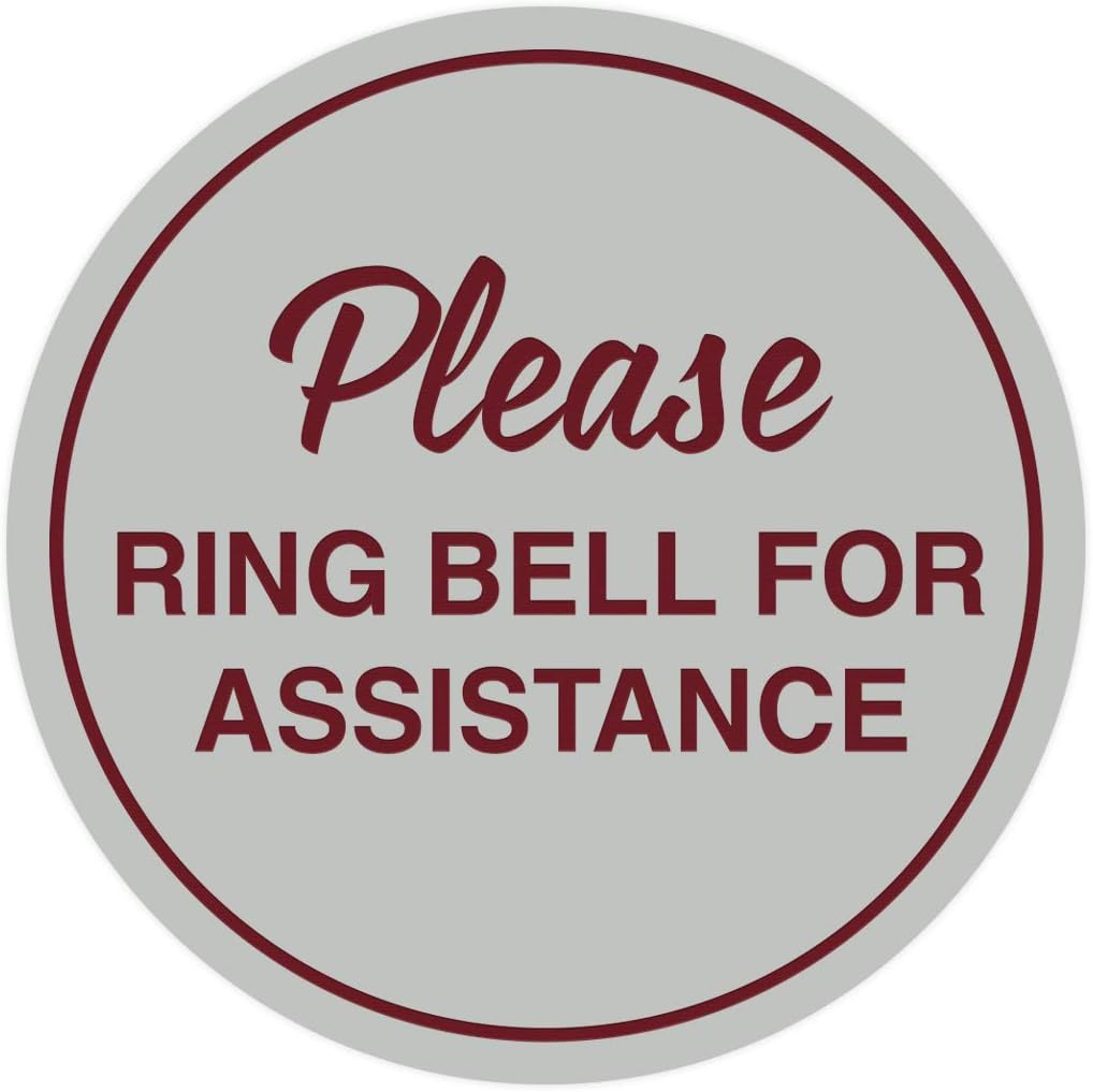 Signs ByLITA Circle Please Ring Bell For Assistance Wall or Door Sign | Easy Installation | Front Desk Reception Sign (Light Grey/Burgundy) - Large (5 Pack)