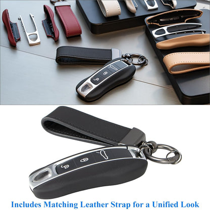 AeroBon 3-Piece Leather Key Fob Shell and Keychain Set Compatible with Porsche Key Fob Replacement (MK2, Black)